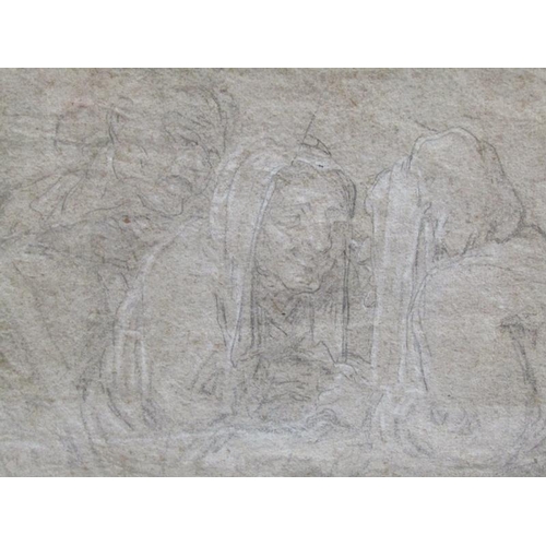 1168 - LATE 17C/EARLY 18C OLD MASTER HIGLIGHTED BLACKJ CHALK DRAWING OF THREE FIGURES SURROUNDINGA TABLE, F... 