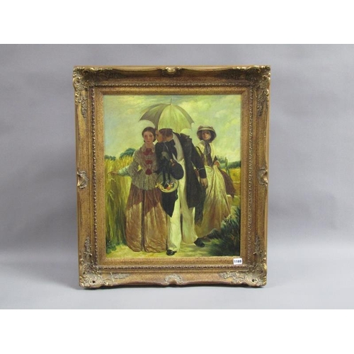 1169 - UNSIGNED POSSIBLY 19C - OIL ON CANVAS, THREE FIGURES PASSING BY A CORN FIELD, 60CM X 50CM