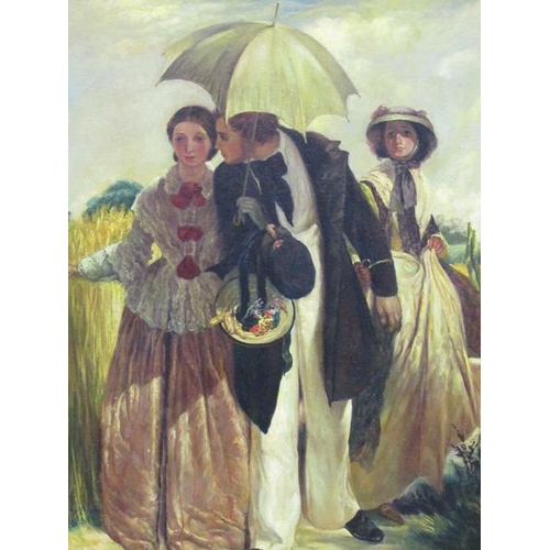 1169 - UNSIGNED POSSIBLY 19C - OIL ON CANVAS, THREE FIGURES PASSING BY A CORN FIELD, 60CM X 50CM