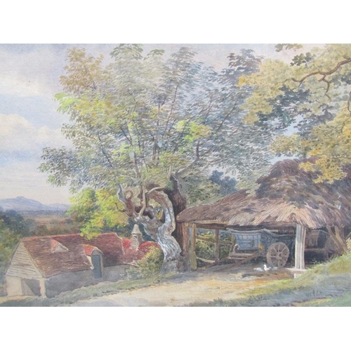 1170 - UNSIGNED 19C THE CART SHED, WATERCOLOUR, F/G, 30CM X 47CM