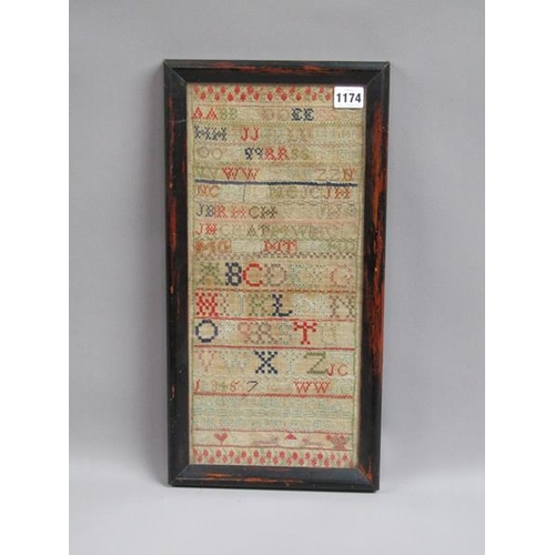 1174 - EARLY 19C NEEDLEWORK ALPHABETICAL AND NUMERICAL SAMPLER, F/G, 20CM X 42CM