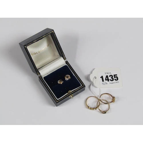 1435 - THREE GOLD STONE SET RINGS TOGETHER WITH PAIR OF EARRINGS