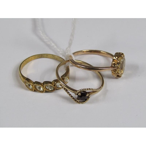 1435 - THREE GOLD STONE SET RINGS TOGETHER WITH PAIR OF EARRINGS