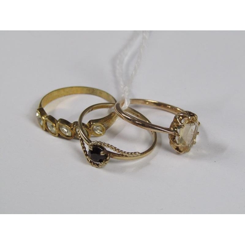 1435 - THREE GOLD STONE SET RINGS TOGETHER WITH PAIR OF EARRINGS