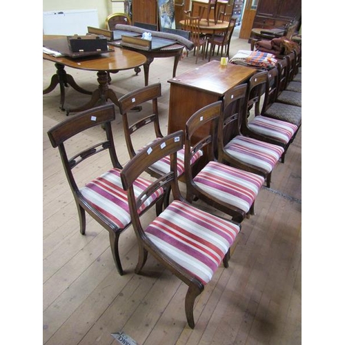 1791 - SET OF SIX EARLY 19c MAHOGANY DINING CHAIRS WITH UPHOLSTERED DROP IN SEATS AND HAVING CURVED DEEP TO... 