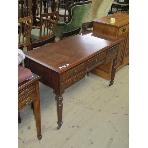 1798 - FIGURED MAHOGANY SIDE TABLE FITTED FIVE SHORT DRAWERS 122 w x 77 cms H