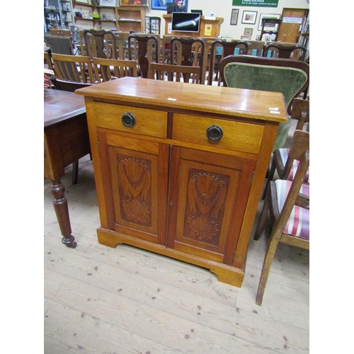 1800 - LATE 19c MAHOGANY SIDE CABINET FITTED TWO DRAWERS OVER CUPBOARD BASE ENCLOSED BY CARVED PANEL DOORS ... 