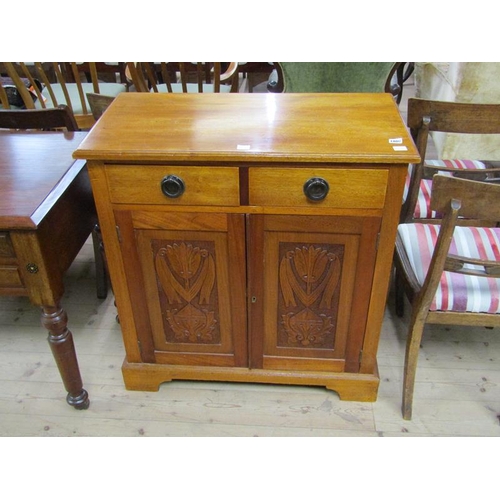 1800 - LATE 19c MAHOGANY SIDE CABINET FITTED TWO DRAWERS OVER CUPBOARD BASE ENCLOSED BY CARVED PANEL DOORS ... 