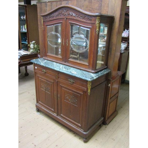 1804 - PAIR OF LATE 19/EARLY 20c OAK MARBLE TOP SIDE CABINETS WITH UPPER TIER GLAZED CABINETS, EACH 120 x 1... 