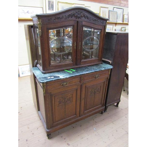 1804 - PAIR OF LATE 19/EARLY 20c OAK MARBLE TOP SIDE CABINETS WITH UPPER TIER GLAZED CABINETS, EACH 120 x 1... 