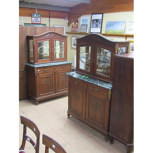 1804 - PAIR OF LATE 19/EARLY 20c OAK MARBLE TOP SIDE CABINETS WITH UPPER TIER GLAZED CABINETS, EACH 120 x 1... 