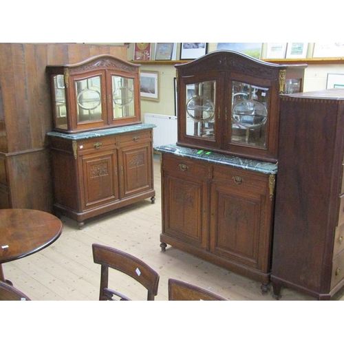 1804 - PAIR OF LATE 19/EARLY 20c OAK MARBLE TOP SIDE CABINETS WITH UPPER TIER GLAZED CABINETS, EACH 120 x 1... 