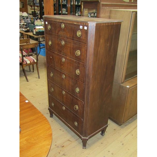 1805 - LATE 19c FIGURED MAHOGANY CHEST OF SIX LONG DRAWERS, CHECKER CROSS BANDING AND INLAY 88 cms x 152 cm... 