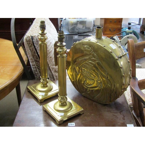 794A - TWO BRASS LAMPS AND A BRASS FLASK