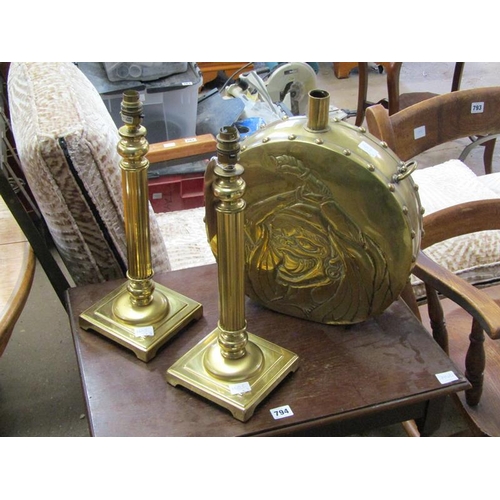 794A - TWO BRASS LAMPS AND A BRASS FLASK