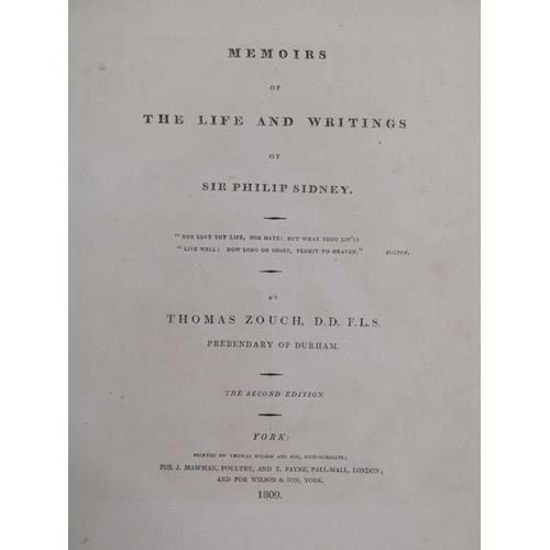 10 - A book - Memoires of the Life and Writings of Sir Philip Sidney by Thomas Zouch Prebendary of Durham... 