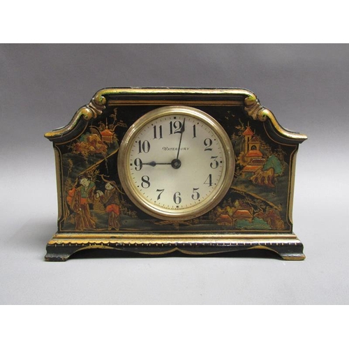 26 - An early 20c American mantel clock by Waterbury in English chinoiserie lacquered case, the single tr... 