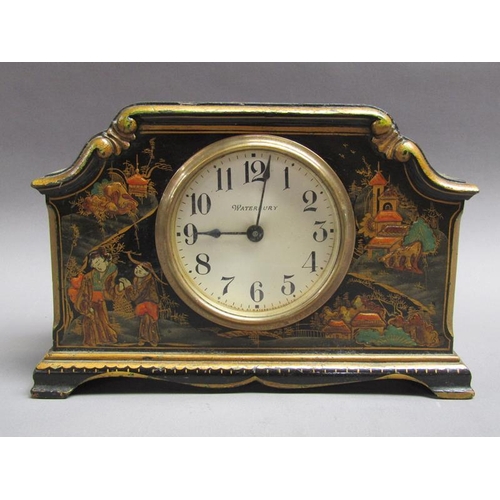 26 - An early 20c American mantel clock by Waterbury in English chinoiserie lacquered case, the single tr... 