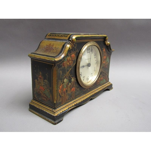 26 - An early 20c American mantel clock by Waterbury in English chinoiserie lacquered case, the single tr... 