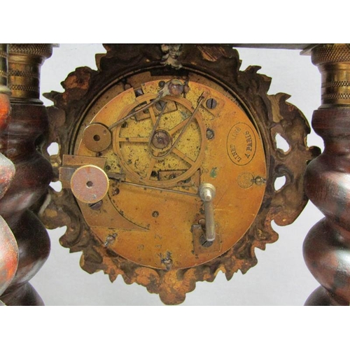 27 - A mid 19c French portico clock, the movement held between four barley sugar twist columns which stan... 