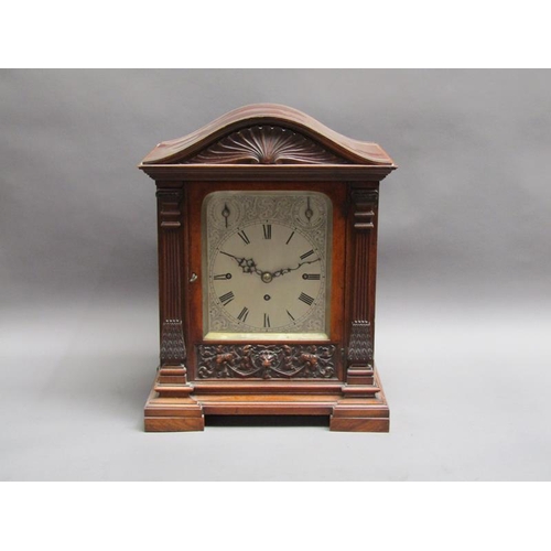 29 - A late 19c English three train bracket clock, the triple fusee movement chiming on four gongs and ho... 