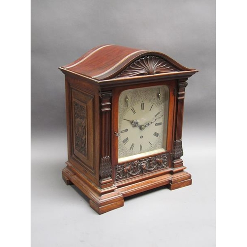 29 - A late 19c English three train bracket clock, the triple fusee movement chiming on four gongs and ho... 