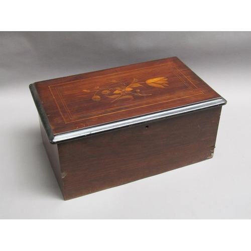 33 - A late 19c Swiss music box retailed by Julio Musques of Montevideo.  The 16cm long barrel has a comb... 