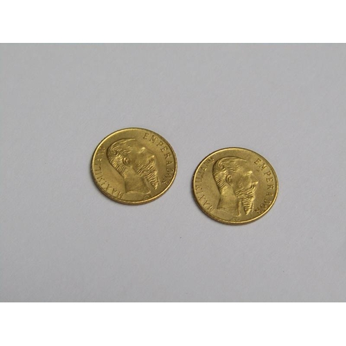 92 - Two 1865 Mexican Maximillian gold coins.