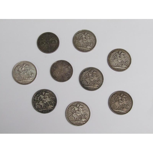 89 - Nine Victorian silver crowns - two 1887, 1888, 1891, three 1890, 1892 and one 1889, used.