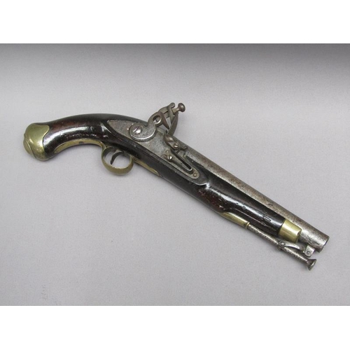 23 - A sixteen bore flintlock pistol of military style, proof marks. The lock stamped 1812, the barrel wi... 