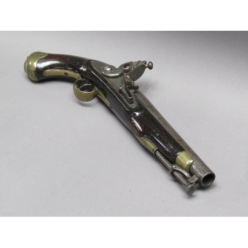 23 - A sixteen bore flintlock pistol of military style, proof marks. The lock stamped 1812, the barrel wi... 