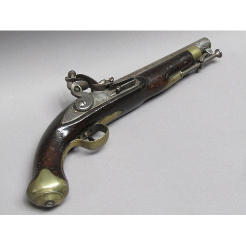 23 - A sixteen bore flintlock pistol of military style, proof marks. The lock stamped 1812, the barrel wi... 