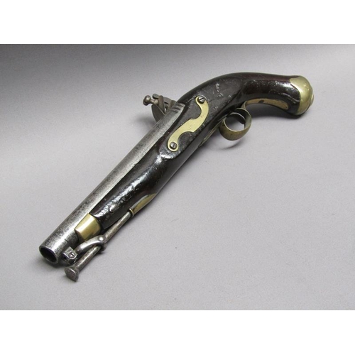 23 - A sixteen bore flintlock pistol of military style, proof marks. The lock stamped 1812, the barrel wi... 