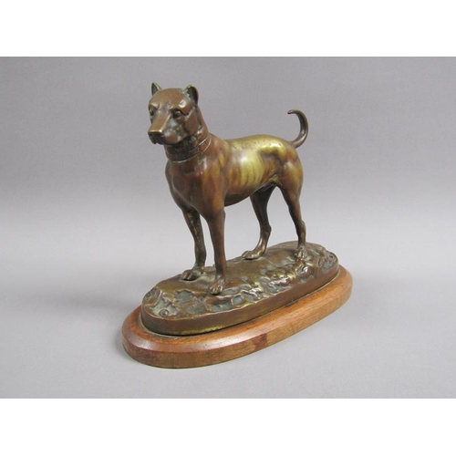 40 - A 20c patinated bronze figure of a terrier dog, standing, and supported on a wooden base, 20cm w, 17... 