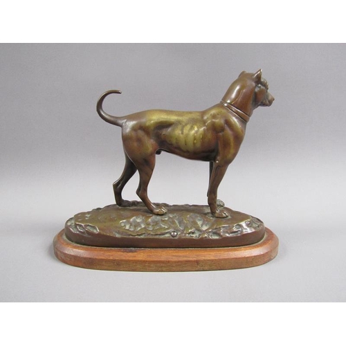 40 - A 20c patinated bronze figure of a terrier dog, standing, and supported on a wooden base, 20cm w, 17... 