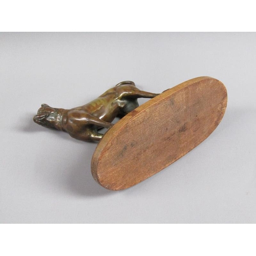 40 - A 20c patinated bronze figure of a terrier dog, standing, and supported on a wooden base, 20cm w, 17... 