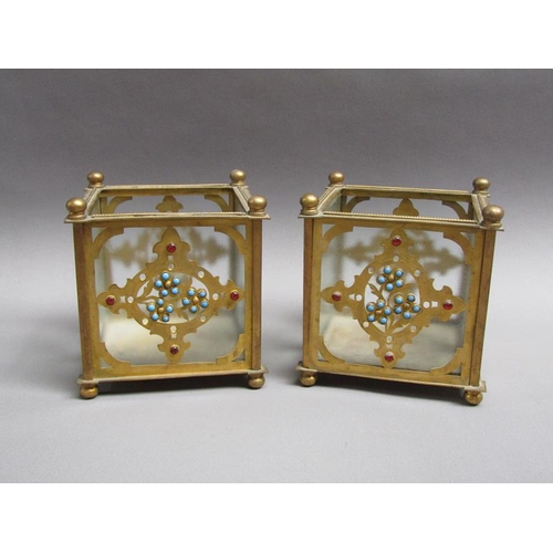 41 - A pair of 19c gilt metal and glass panelled jardinière's decorated with cut brass panel motifs with ... 