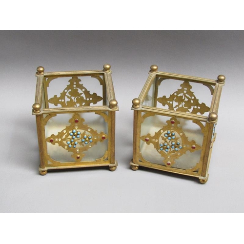 41 - A pair of 19c gilt metal and glass panelled jardinière's decorated with cut brass panel motifs with ... 