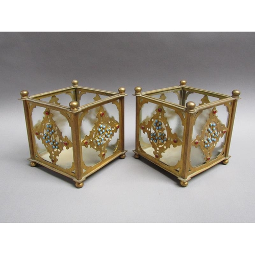41 - A pair of 19c gilt metal and glass panelled jardinière's decorated with cut brass panel motifs with ... 