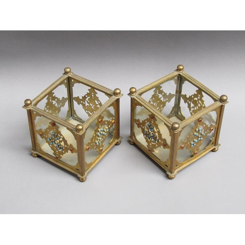 41 - A pair of 19c gilt metal and glass panelled jardinière's decorated with cut brass panel motifs with ... 