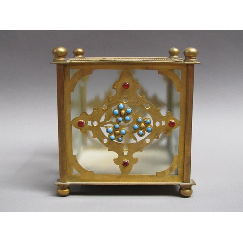 41 - A pair of 19c gilt metal and glass panelled jardinière's decorated with cut brass panel motifs with ... 