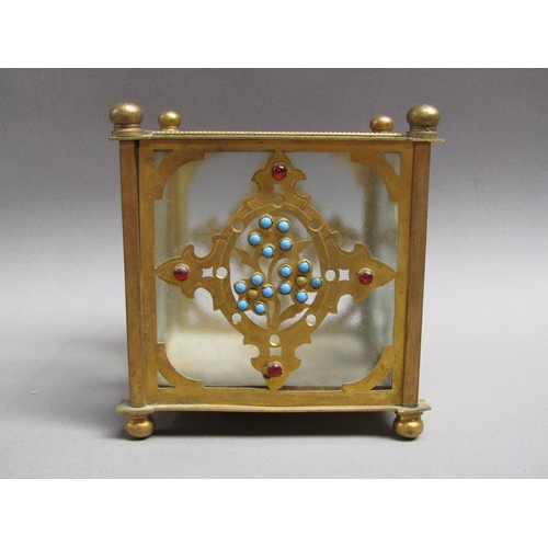 41 - A pair of 19c gilt metal and glass panelled jardinière's decorated with cut brass panel motifs with ... 