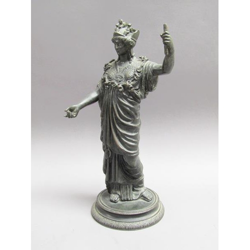 45 - A 19c patinated bronze figure of Athena, Goddess of War, on a circular stepped base, 28cm h.