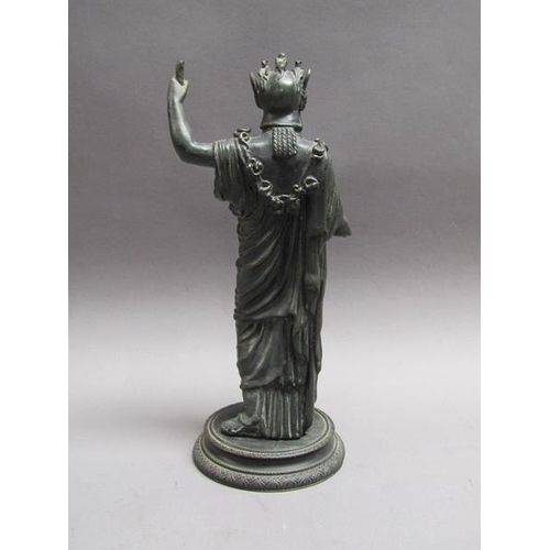 45 - A 19c patinated bronze figure of Athena, Goddess of War, on a circular stepped base, 28cm h.