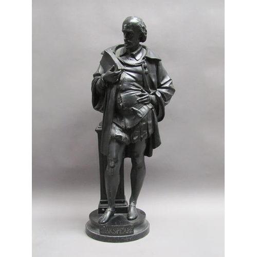 50 - A Victorian black patinated spelter figure of Shakspeare, on circular base, 74cm h.