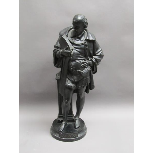 50 - A Victorian black patinated spelter figure of Shakspeare, on circular base, 74cm h.