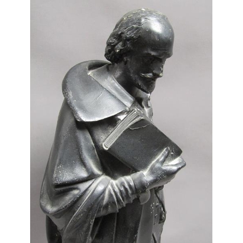 50 - A Victorian black patinated spelter figure of Shakspeare, on circular base, 74cm h.