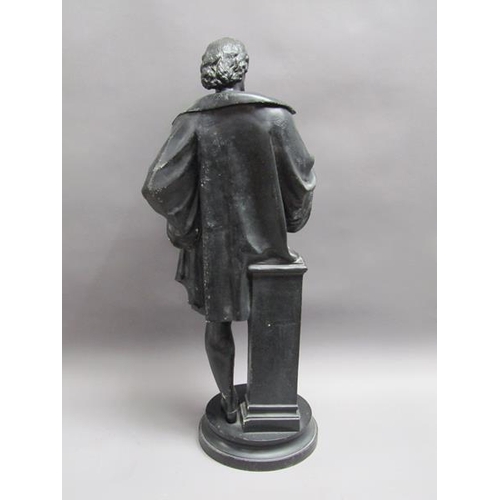 50 - A Victorian black patinated spelter figure of Shakspeare, on circular base, 74cm h.