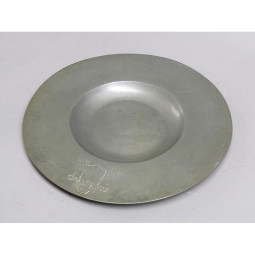 52 - Two 19c pewter platters of circular form with dished centres and etched Coat of Arms, each 30cm diam... 