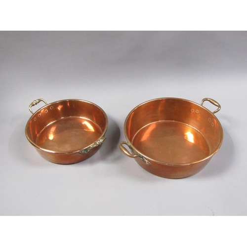 55 - Two 19c copper and brass two handled pans, 40cm & 35cm diam, 7cm & 13cm deep.